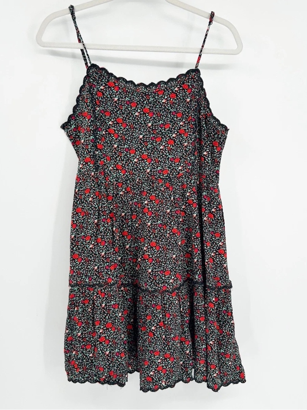 NWT Urban Outfitters Black Floral Lace-Trim Baby Doll Dress with Red Blossom